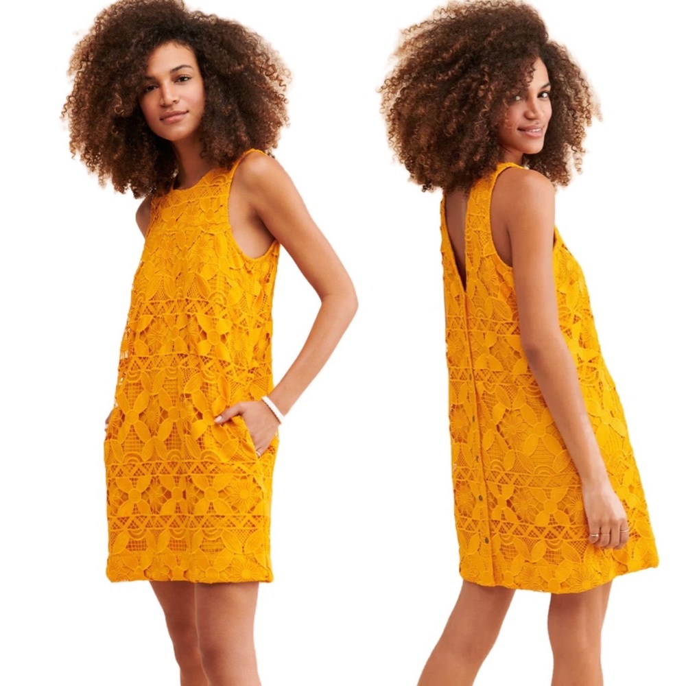 NWT Anthropologie Lace Mini Dress Maize Button Back Shift Size M